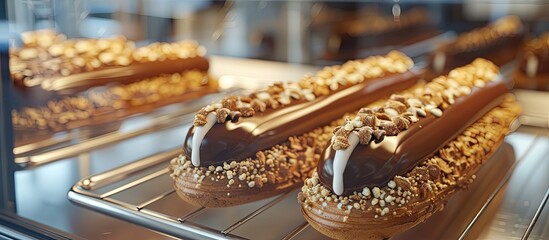 Poster - Elegant chocolate and vanilla eclairs enticingly displayed in the pastry chef s window with appealing copy space image