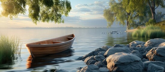 Poster - A boat is moored by the tranquil lakeside with plenty of serene surroundings providing a stunning view in this copy space image