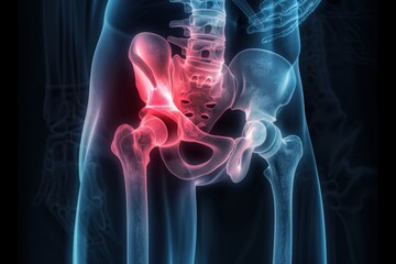 This image displays a hip joint x-ray with a specific region marked in red, signifying pain or inflammation. It serves to illustrate hip ailments like arthritis or fractures.