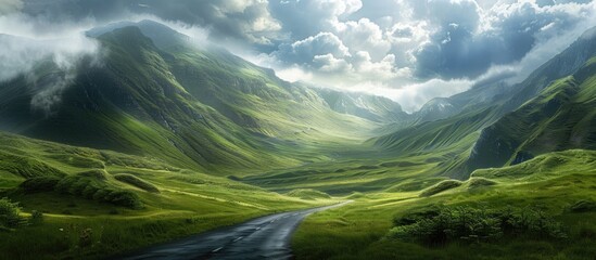 Canvas Print - Scenic landscape with a road crossing lush plateaus in mountainous terrain perfect for a copy space image