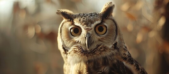 Aufkleber - Owl pet in close up staring at camera against blurred brown backdrop with copy space image