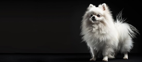 Poster - White Pomeranian Spitz dog poses in front of a black background in a standing position presenting a fluffy and cute appearance with copy space image available