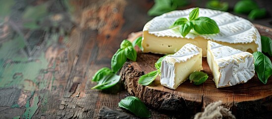Poster - Closeup of delicious brie cheese with basil on a wooden board with copy space image