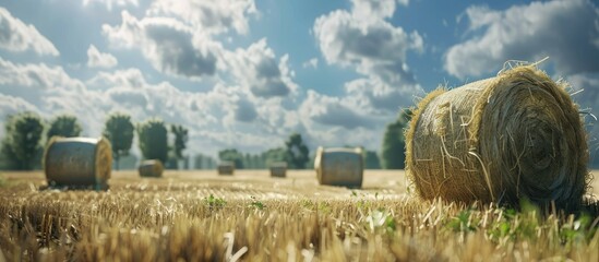 Aufkleber - Freshly cut field filled with hay bales providing a picturesque scene with copy space image