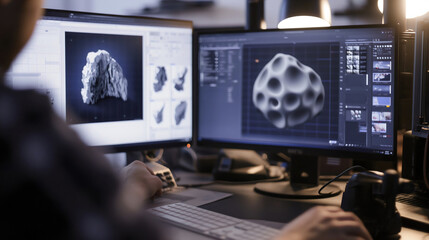 Man, developer or programmer in his office working on computer in software, 3D rendering program for creating or programming digital visual geometric shapes, digital illustrations, technology