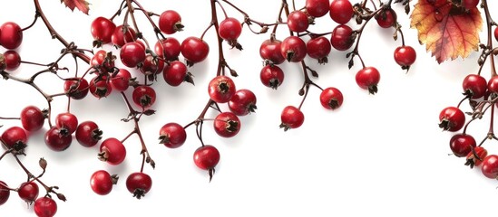 Poster - Red ripe hawthorn berries are displayed on branches in a harvest of medicinal plants for treating vitamin deficiency and high blood pressure with a blank space for adding images.