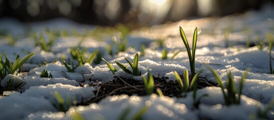 Aufkleber - During the initial days of warmth fresh shoots emerge from the soil beside patches of unmelted snow creating an intriguing juxtaposition in this copy space image