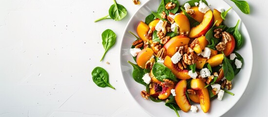 Poster - Vegetarian dish with spinach salad caramelized peaches walnuts and feta cheese Shown in a copy space image on a white background