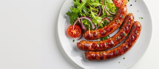 Poster - Sausage with salad served as an appetizer on a white plate with space available for copy in the image