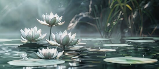 Aufkleber - White lotuses blooming in a serene pond with copy space image