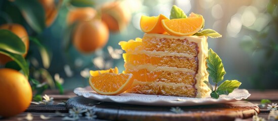 Poster - Orange cake with fresh oranges a delightful dessert option showcasing vibrant color and zesty citrus flavor ideal for food advertisements and recipes with copy space image