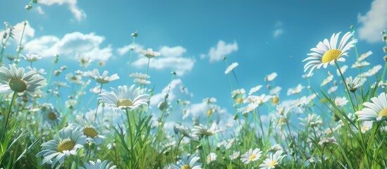 Aufkleber - Scenic summer meadow with various wild daisies under a blue sky creating a magical nature background in a frame with soft selective focus ideal for a copy space image