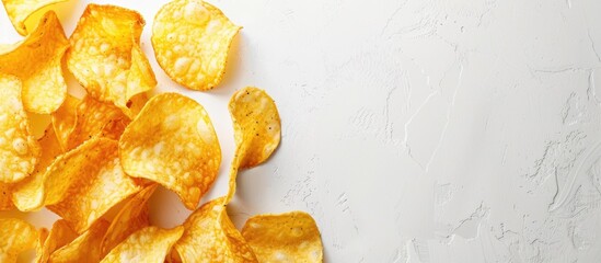 Poster - Potato chips displayed on a white backdrop with empty space for adding text or images. . image with copy space