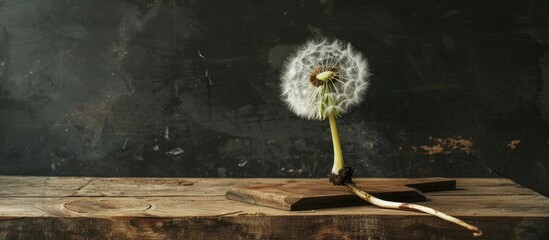 Aufkleber - A dandelion plant placed on a wooden cutting board with copy space image including the root