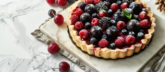 Poster - A homemade holiday cake with blackberries and plums on a square tray set on a white marble table in autumn or summer shown in a copy space image