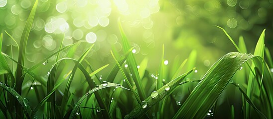 Poster - Grass with dew drops creating a serene scene in a copy space image