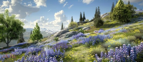 Poster - A scenic landscape featuring blooming lupines on a hilly terrain with trees in the backdrop ideal for copy space image