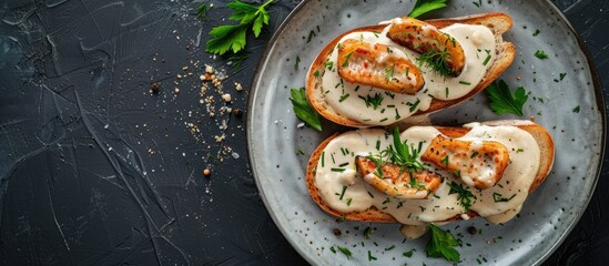 Poster - Delicious dish of cooked rabbit foot in white sauce served on toast with copy space image