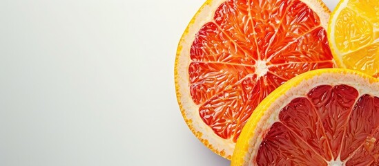 Poster - Close up of a grapefruit and slice on a white background with copy space image