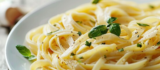 Poster - A dish featuring pasta in a flavorful garlic sauce with seaweed presented nicely with a blank space for an image. . image with copy space