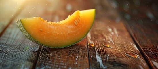 Poster - Fresh slice of sweet cantaloupe melon on a wooden table in a close up shot with selective focus ideal for a copy space image