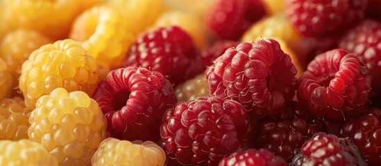 Poster - Close up photo of fresh red and yellow raspberries with copy space image