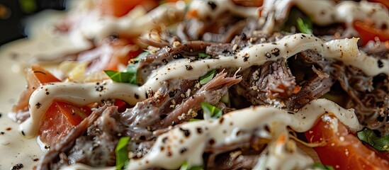 Poster - Close up of creamy sauce covering roasted shredded meat and vegetables copy space image