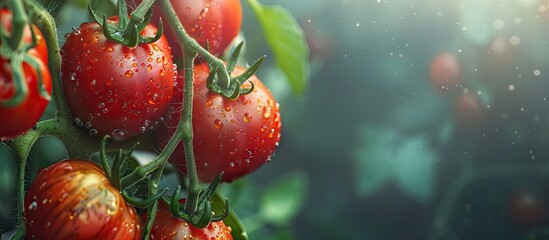 Poster - Detailed close up image of fresh tomatoes hanging on a plant with copy space image