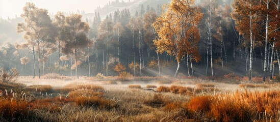 Poster - Scenic hill in autumn morning mist with a birch forest perfect copy space image