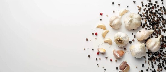 Poster - Garlic and pepper arranged on a white background with copy space image
