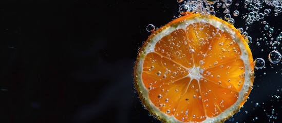 Poster - Orange slice in water with bubbles against black backdrop providing a copy space image