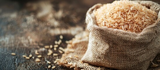 Poster - Healthy food background with a raw brown rice in a brown sack providing copy space image