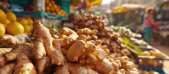 Poster - Close up of ginger at the market stall with copy space image