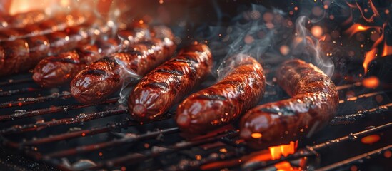 Poster - Sizzling sausages on a BBQ grill with a copy space image