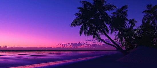 Poster - Evening beach scene with palm tree silhouettes set against a purple blue sky ideal for a copy space image