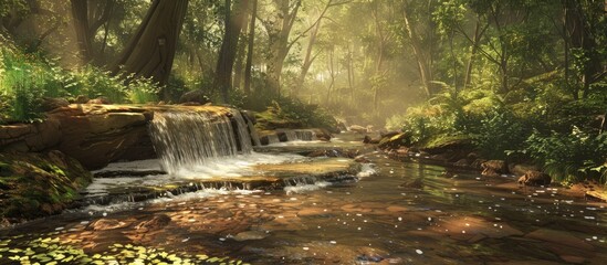 Poster - Nature rill flows serenely through the forest providing a peaceful and picturesque scene with copy space image