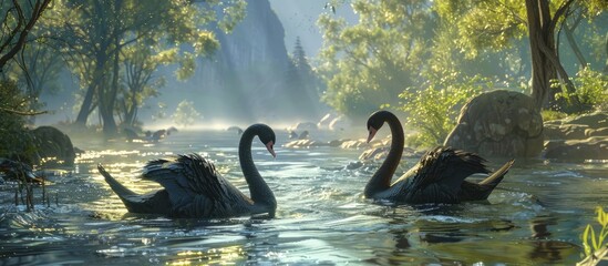 Poster - Two elegant black swans gracefully glide across a tranquil stream creating a serene copy space image
