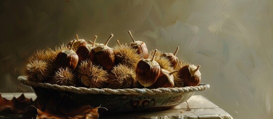 Poster - Chestnuts are considered treasures of the Earth like a rare gem in a vast treasure trove and are often associated with autumn. . image with copy space