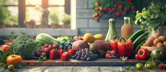 Aufkleber - Fresh organic vegetarian and vegan groceries featuring a variety of fruits and vegetables displayed in a pleasant setting with copy space image