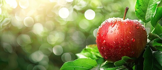 Poster - Fresh apple with a water drop on its skin set against a lush green natural backdrop a concept representing a background with a copy space image