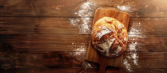 Poster - Yeast free soda bread homemade and placed on a wooden board perfect for homemade baking with copy space image