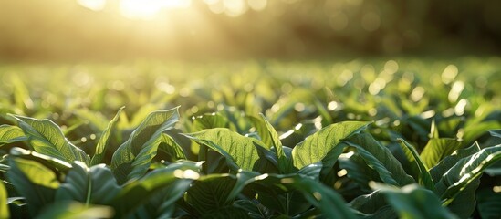 Poster - a growing green tobacco field nicotiana tabacum with sunlight passing through the leaves ready for h