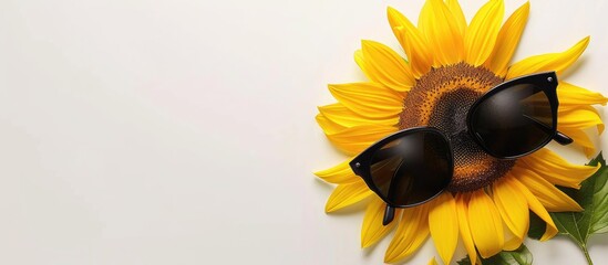 Poster - Happy sunflower with sunglasses looking down on a white background with copy space image