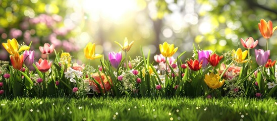 Aufkleber - Spring blossoming flowers in a sunny garden with lush green grass creates a vibrant scene with colorful blooms ideal as a copy space image