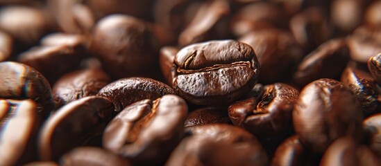 Poster - An out of focus up close image of roasted coffee beans with a copy space image