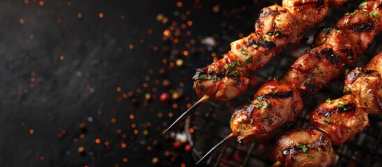 Poster - Grilling skewers with succulent chicken meat with a charcoal barbecue background and ample empty space for copy space image
