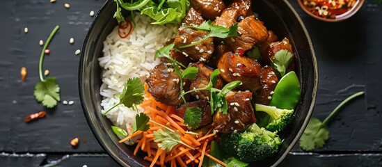 Poster - Vietnamese inspired caramel pork served with rice vegetables and a blank space for an image. . image with copy space
