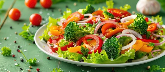 Poster - Vegetable salad with peppers tomatoes onions and broccoli on a white plate against a green wooden backdrop ideal for a copy space image