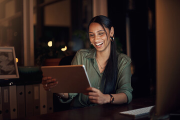 Poster - Reading, laughing and woman or tablet at night for blog and research in workplace. Overtime, review and online or proposal for report, feedback or meme in office with comedy, website or media at desk