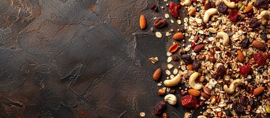 Aufkleber - Nutritious granola or muesli blend featuring an array of dried fruits nuts and grains perfect for a copy space image